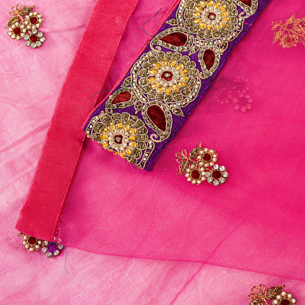 Sanskriti Vintage Pink Net Mesh Saree Hand Beaded Dabka Rhinestone 6+YD Fabric