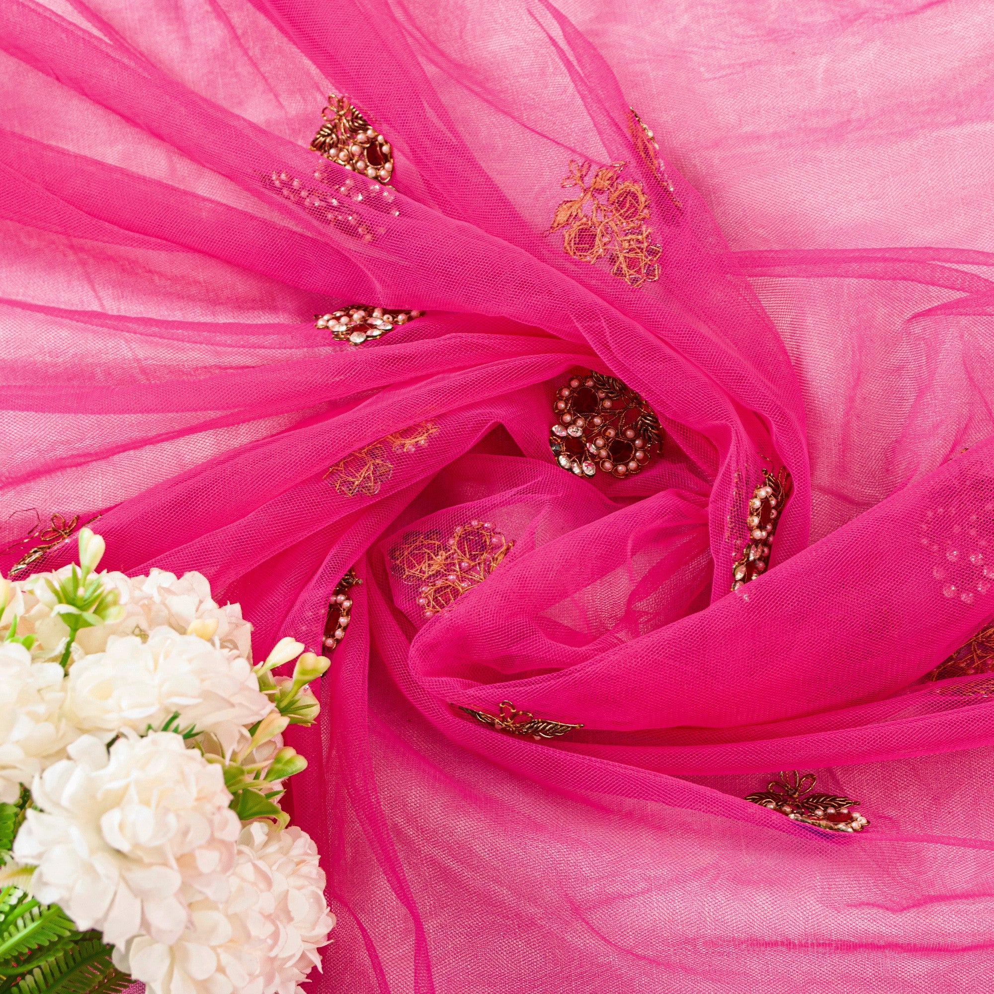 Sanskriti Vintage Pink Net Mesh Saree Hand Beaded Dabka Rhinestone 6+YD Fabric