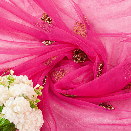 Sanskriti Vintage Pink Net Mesh Saree Hand Beaded Dabka Rhinestone 6+YD Fabric