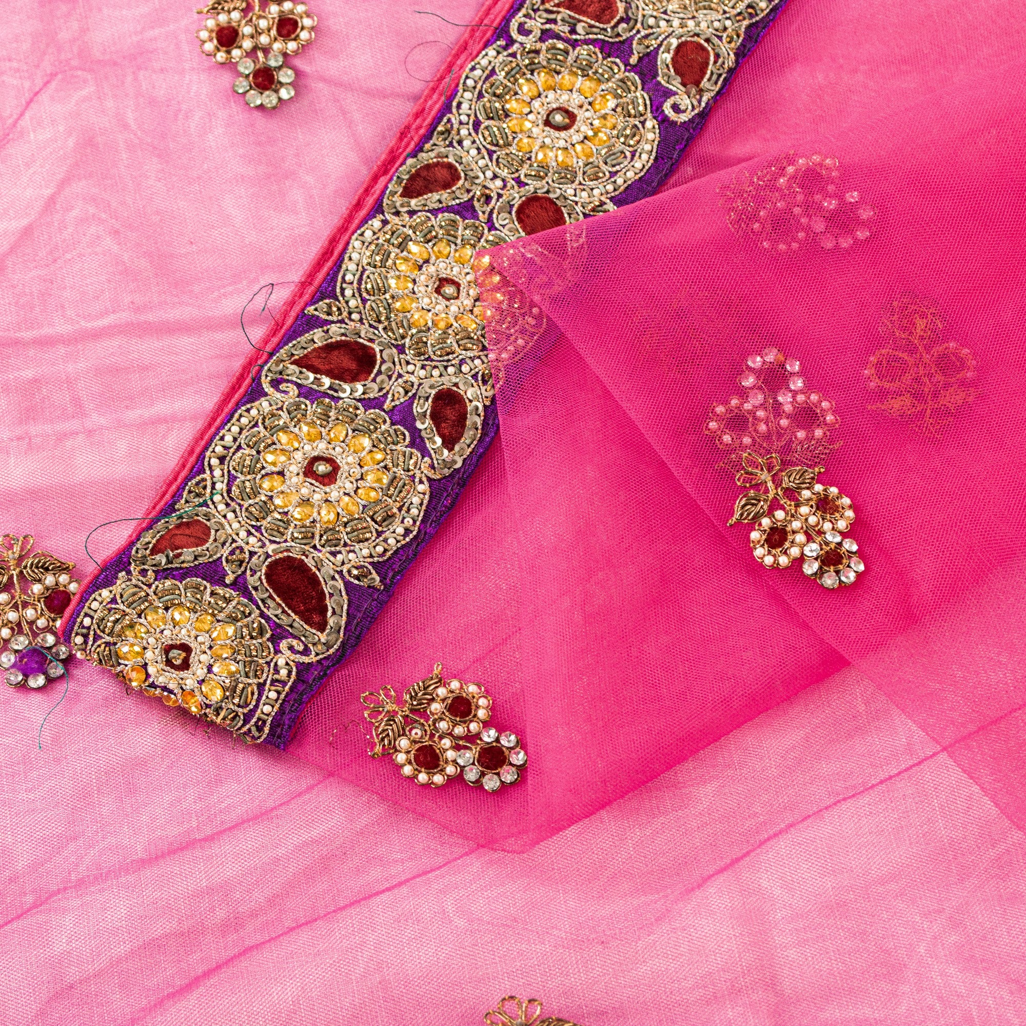 Sanskriti Vintage Pink Net Mesh Saree Hand Beaded Dabka Rhinestone 6+YD Fabric