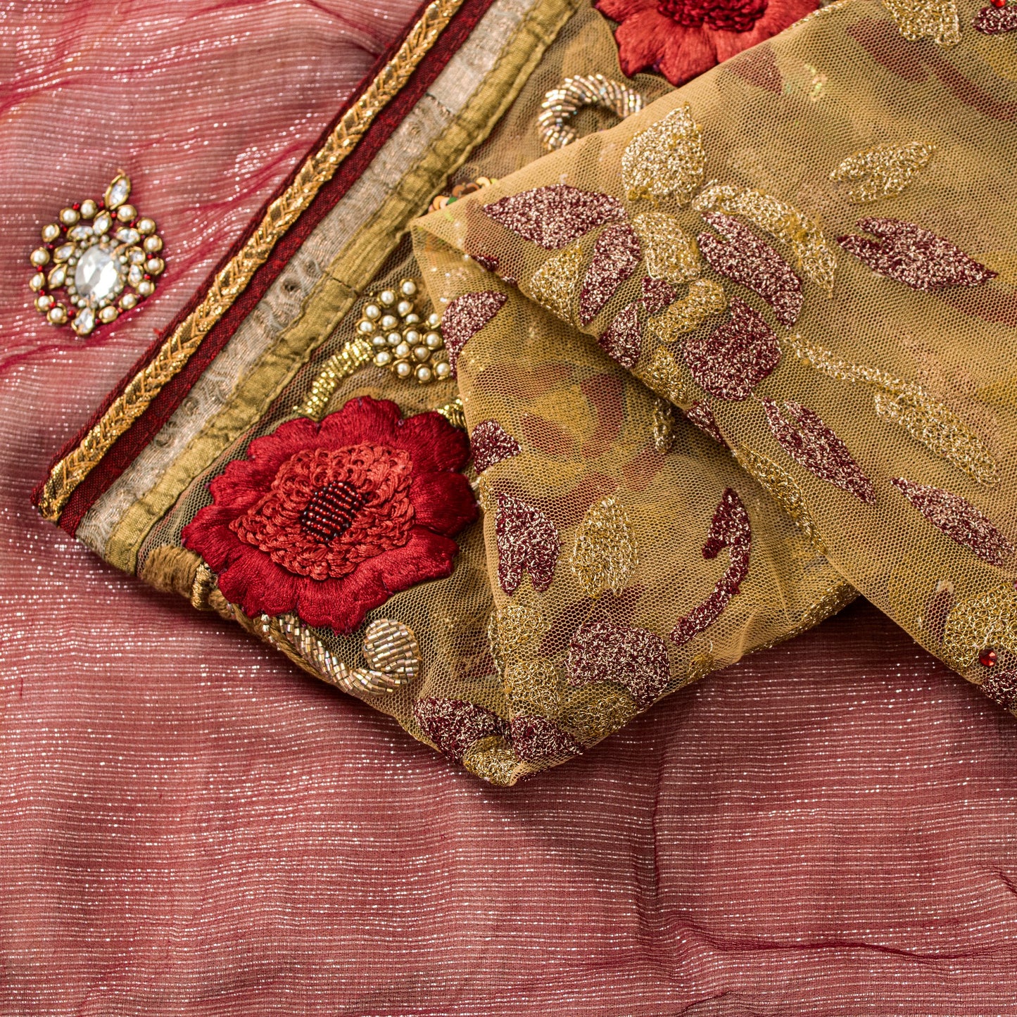 Sanskriti Vintage Saree Red-Golden 100% Pure Georgette Silk/Net Saree Hand Bead Zari 6+Yd Fabric Home Decor, Sewing, Upcycling, Projects
