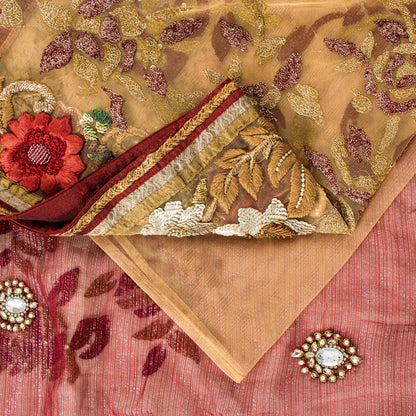 Sanskriti Vintage Saree Red-Golden 100% Pure Georgette Silk/Net Saree Hand Bead Zari 6+Yd Fabric Home Decor, Sewing, Upcycling, Projects