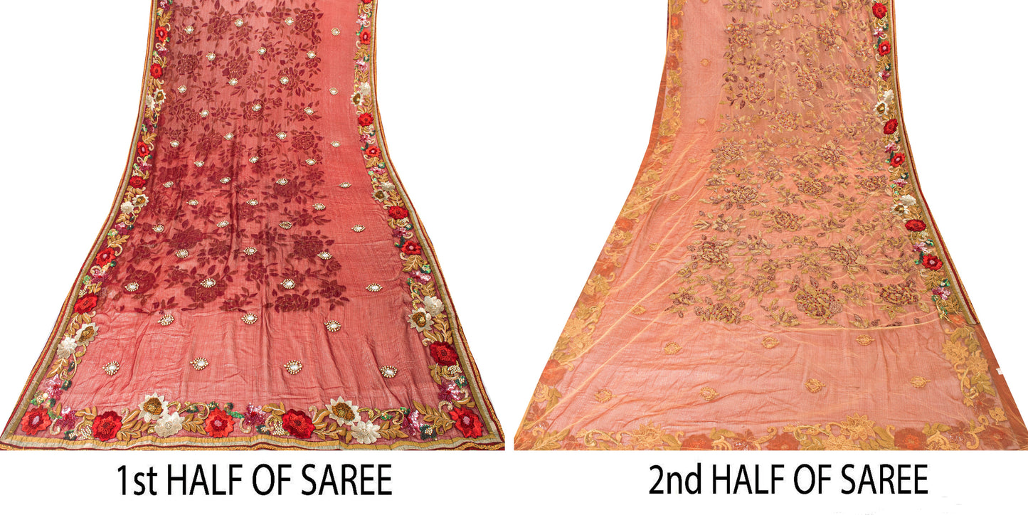 Sanskriti Vintage Saree Red-Golden 100% Pure Georgette Silk/Net Saree Hand Bead Zari 6+Yd Fabric Home Decor, Sewing, Upcycling, Projects