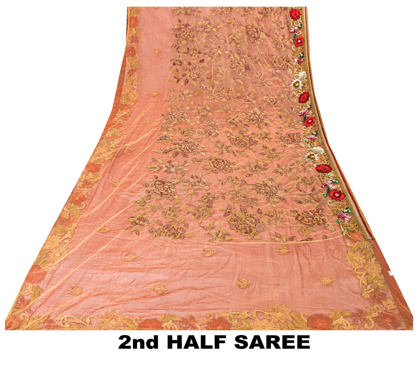 Sanskriti Vintage Saree Red-Golden 100% Pure Georgette Silk/Net Saree Hand Bead Zari 6+Yd Fabric Home Decor, Sewing, Upcycling, Projects