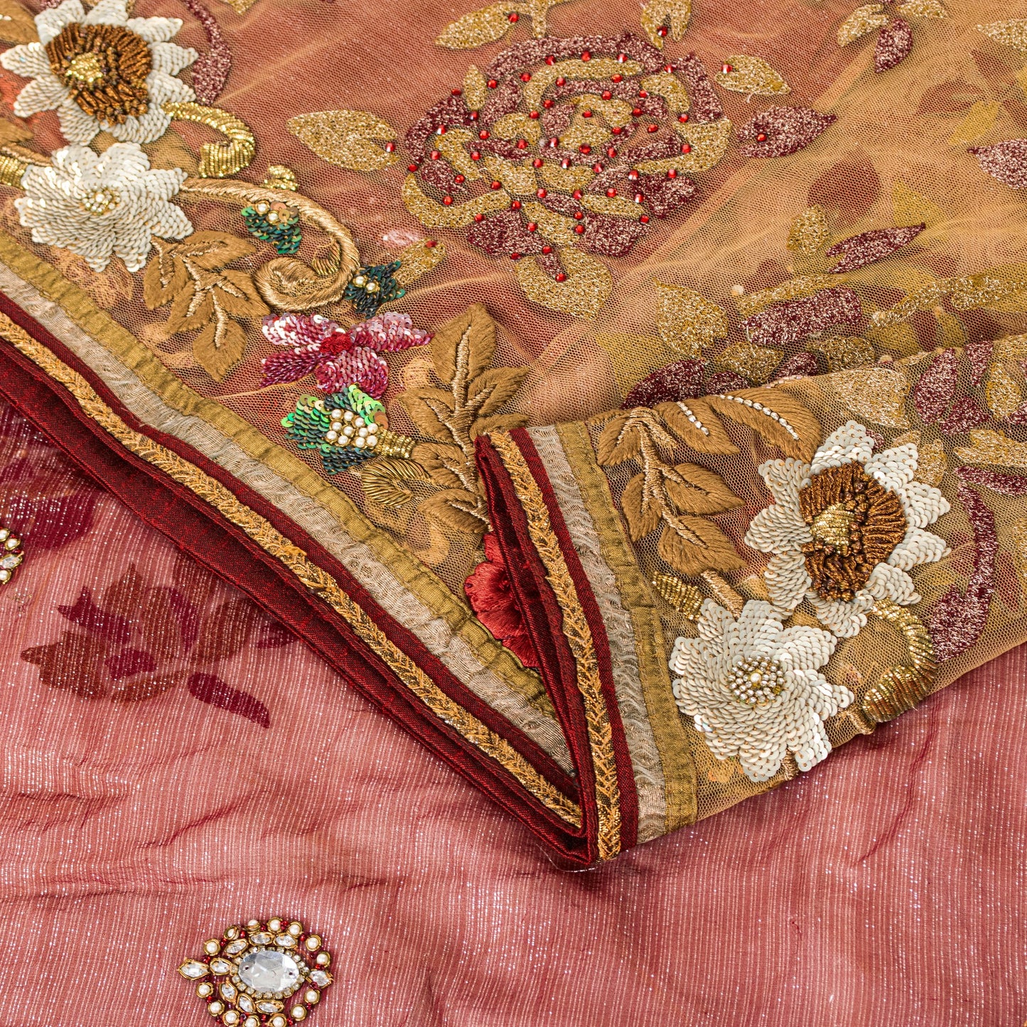 Sanskriti Vintage Saree Red-Golden 100% Pure Georgette Silk/Net Saree Hand Bead Zari 6+Yd Fabric Home Decor, Sewing, Upcycling, Projects