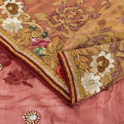Sanskriti Vintage Saree Red-Golden 100% Pure Georgette Silk/Net Saree Hand Bead Zari 6+Yd Fabric Home Decor, Sewing, Upcycling, Projects