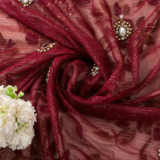 Sanskriti Vintage Saree Red-Golden 100% Pure Georgette Silk/Net Saree Hand Bead Zari 6+Yd Fabric Home Decor, Sewing, Upcycling, Projects