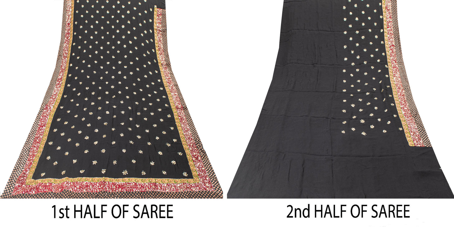 Sanskriti Vintage Black Pure Georgette Saree Hand Beaded Sari 5.5YD Craft Fabric
