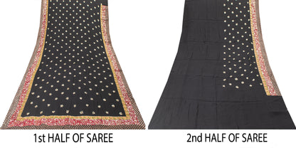 Sanskriti Vintage Black Pure Georgette Saree Hand Beaded Sari 5.5YD Craft Fabric