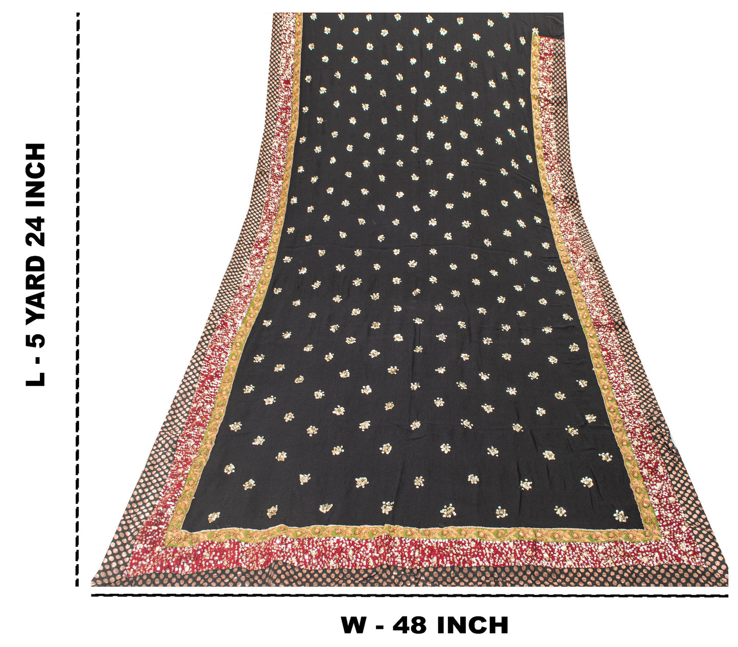 Sanskriti Vintage Black Pure Georgette Saree Hand Beaded Sari 5.5YD Craft Fabric