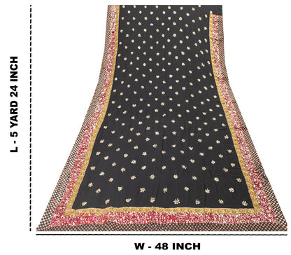 Sanskriti Vintage Black Pure Georgette Saree Hand Beaded Sari 5.5YD Craft Fabric
