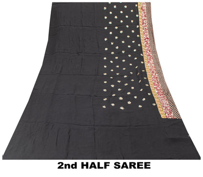 Sanskriti Vintage Black Pure Georgette Saree Hand Beaded Sari 5.5YD Craft Fabric