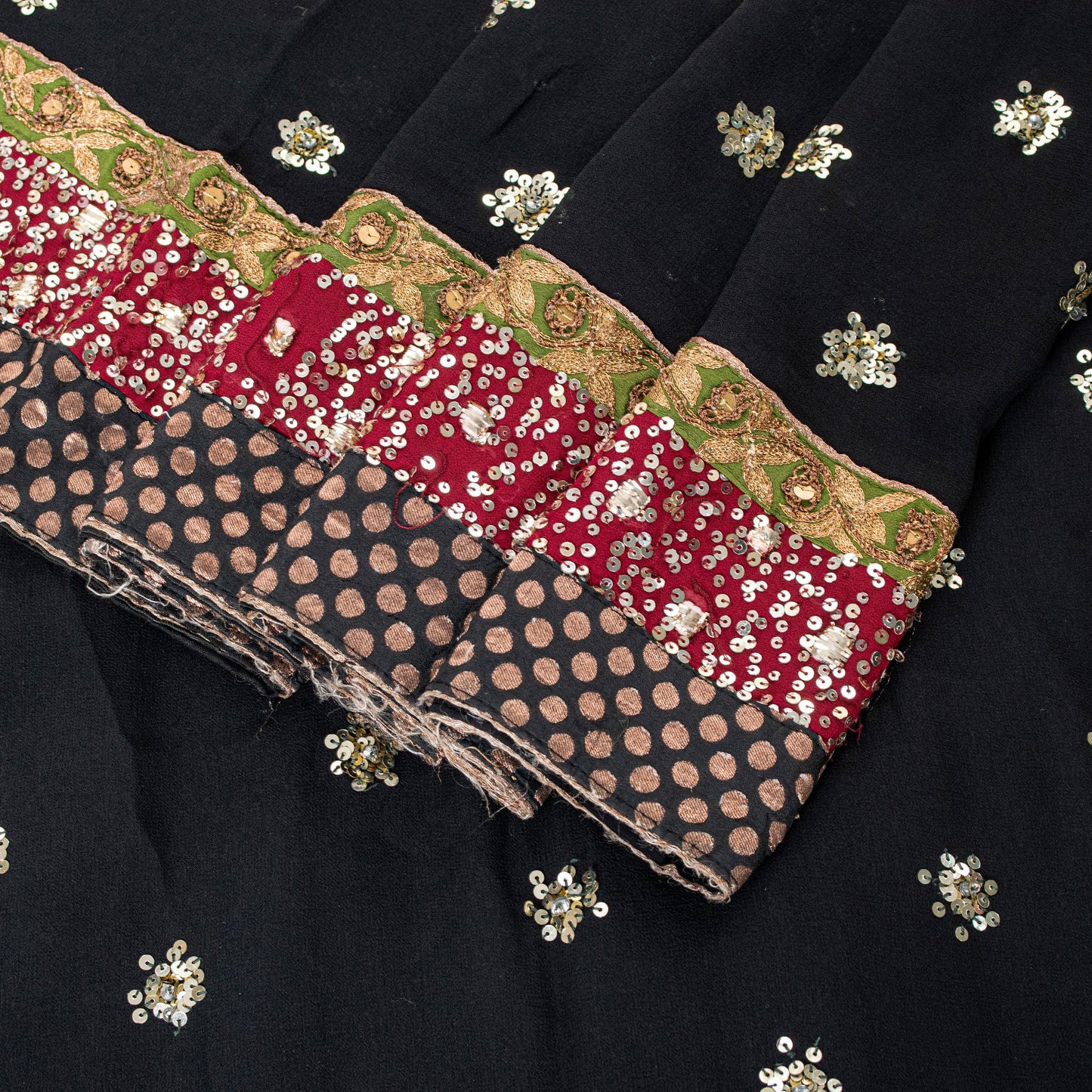 Sanskriti Vintage Black Pure Georgette Saree Hand Beaded Sari 5.5YD Craft Fabric