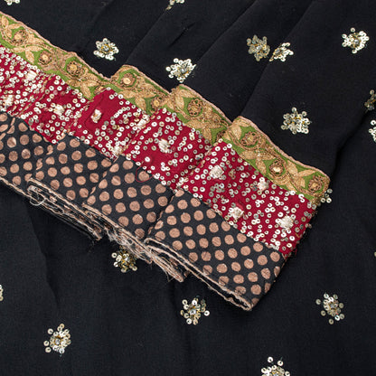 Sanskriti Vintage Black Pure Georgette Saree Hand Beaded Sari 5.5YD Craft Fabric