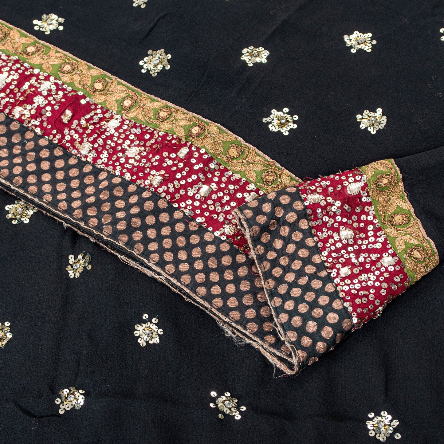 Sanskriti Vintage Black Pure Georgette Saree Hand Beaded Sari 5.5YD Craft Fabric