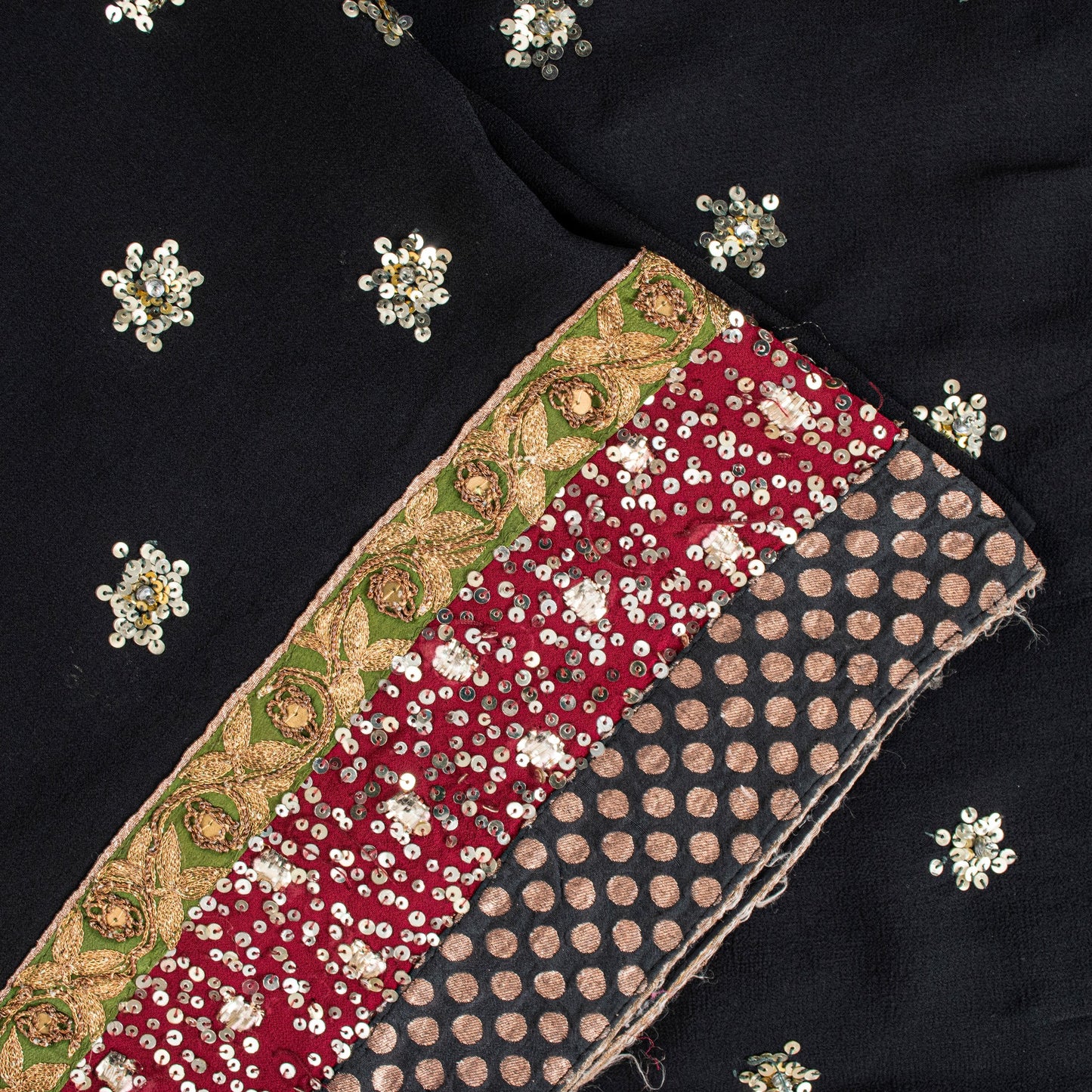 Sanskriti Vintage Black Pure Georgette Saree Hand Beaded Sari 5.5YD Craft Fabric