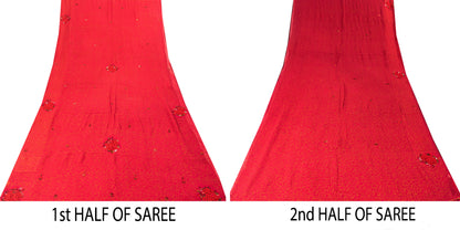 Sanskriti Vintage Saree Red 100% Pure Georgette Silk Saree Hand Embroidery 5.Yd Printed Craft fabric Uses-Table linen, Cushions, Curtains