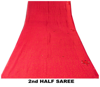 Sanskriti Vintage Saree Red 100% Pure Georgette Silk Saree Hand Embroidery 5.Yd Printed Craft fabric Uses-Table linen, Cushions, Curtains