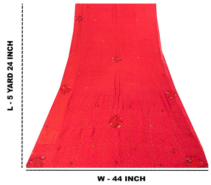 Sanskriti Vintage Saree Red 100% Pure Georgette Silk Saree Hand Embroidery 5.Yd Printed Craft fabric Uses-Table linen, Cushions, Curtains