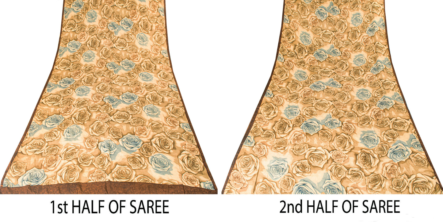 Sanskriti Vintage Brown Pure Crepe Silk Saree Digital Print 6.5+YD Floral Fabric