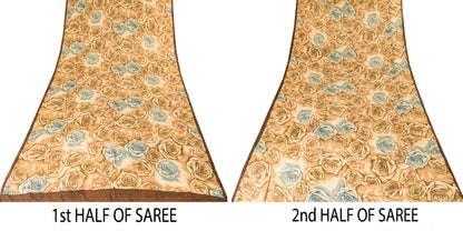 Sanskriti Vintage Brown Pure Crepe Silk Saree Digital Print 6.5+YD Floral Fabric
