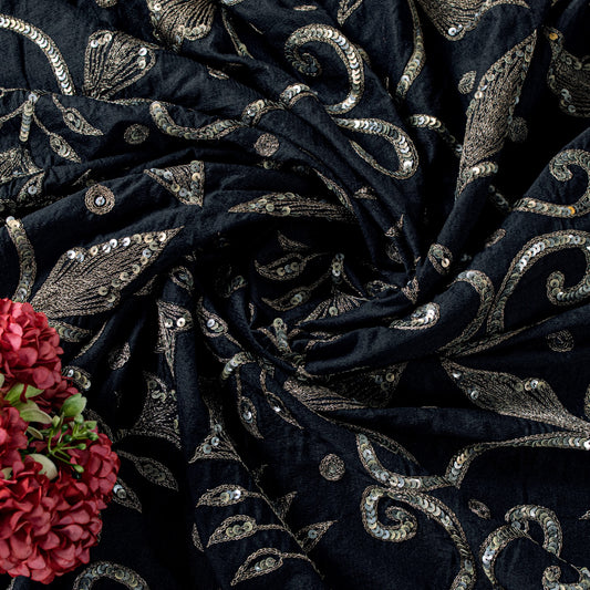 Sanskriti Vintage Saree Black Art Silk Embroidery Sequin Zari 5.5+Yd Decorative Craft Create Dresses, Kaftan, Skirt, Tops, Projects