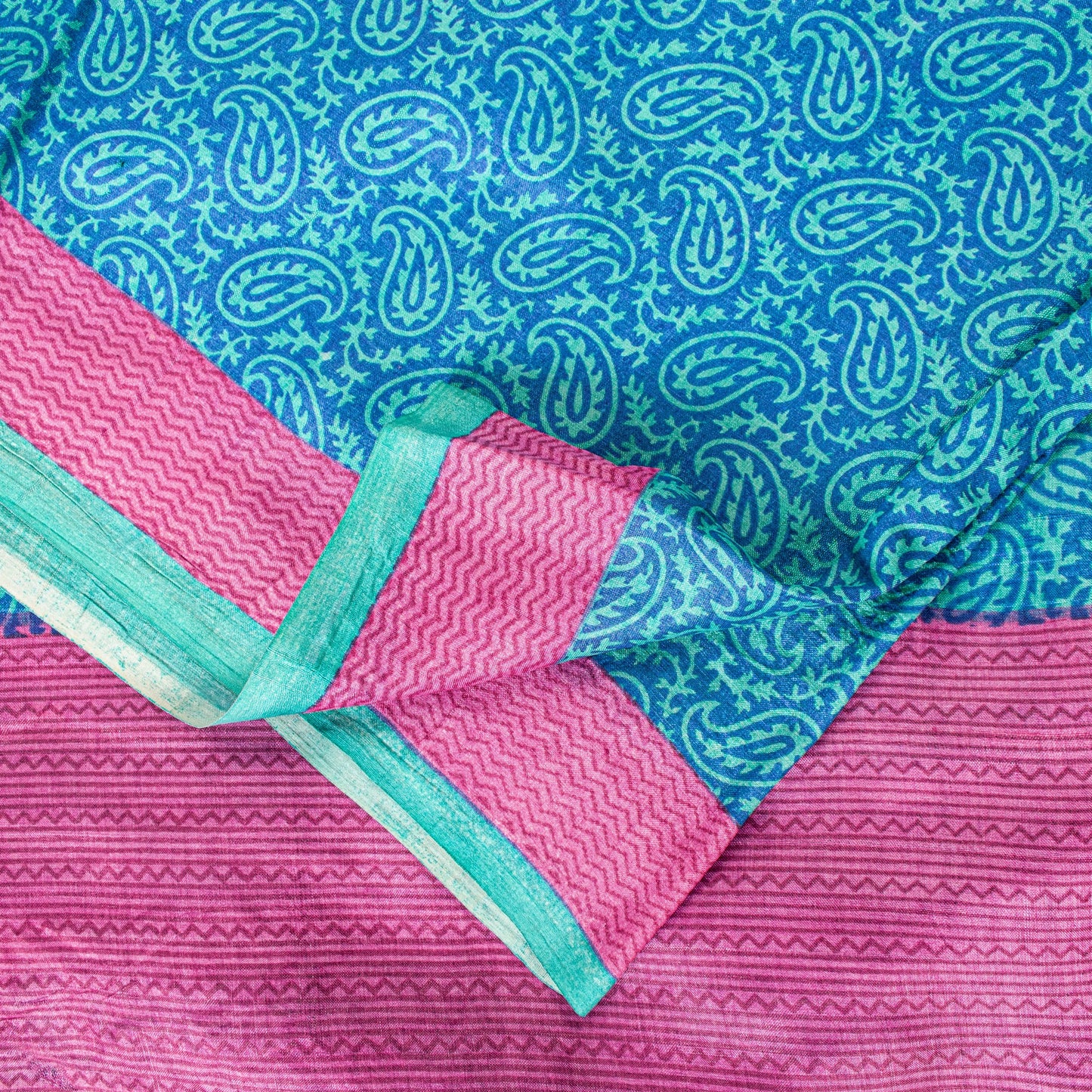 Sanskriti Vintage Sari Blue-Pink Pure Bamboo Silk Saree Hand Block 5.5+Y Paisley