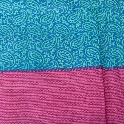 Sanskriti Vintage Sari Blue-Pink Pure Bamboo Silk Saree Hand Block 5.5+Y Paisley