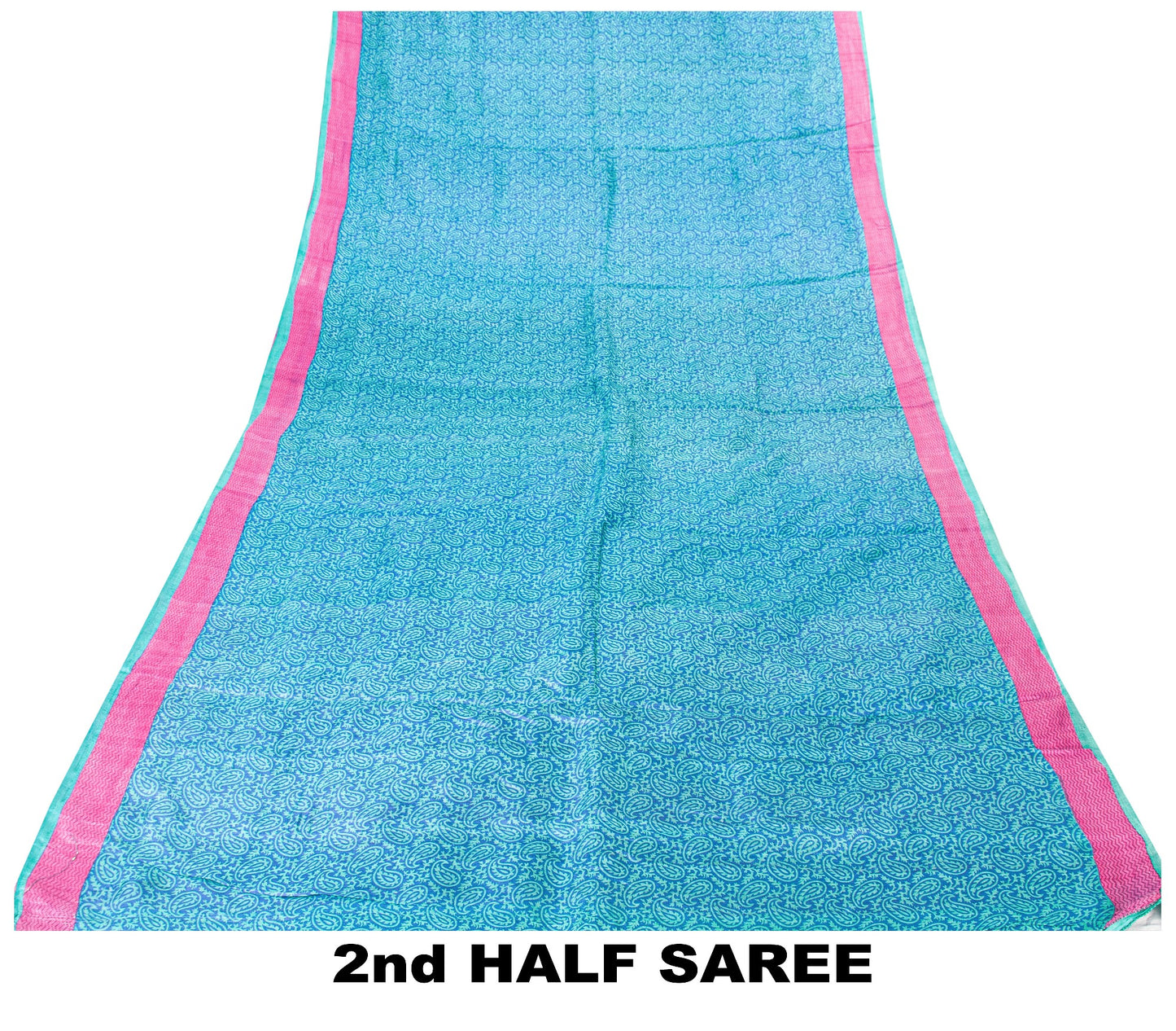 Sanskriti Vintage Sari Blue-Pink Pure Bamboo Silk Saree Hand Block 5.5+Y Paisley