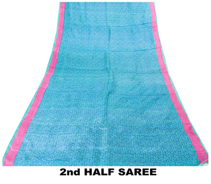 Sanskriti Vintage Sari Blue-Pink Pure Bamboo Silk Saree Hand Block 5.5+Y Paisley