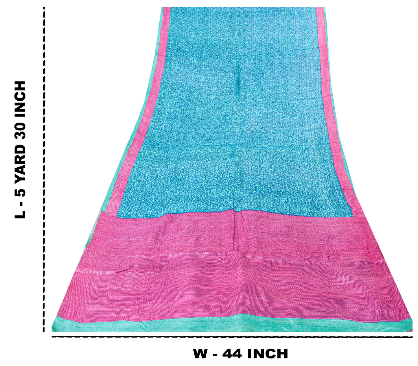 Sanskriti Vintage Sari Blue-Pink Pure Bamboo Silk Saree Hand Block 5.5+Y Paisley