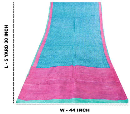 Sanskriti Vintage Sari Blue-Pink Pure Bamboo Silk Saree Hand Block 5.5+Y Paisley