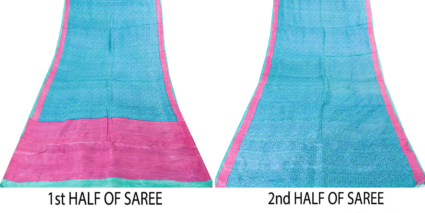 Sanskriti Vintage Sari Blue-Pink Pure Bamboo Silk Saree Hand Block 5.5+Y Paisley