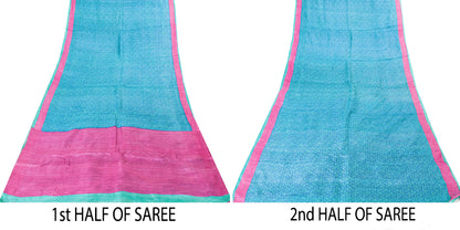 Sanskriti Vintage Sari Blue-Pink Pure Bamboo Silk Saree Hand Block 5.5+Y Paisley