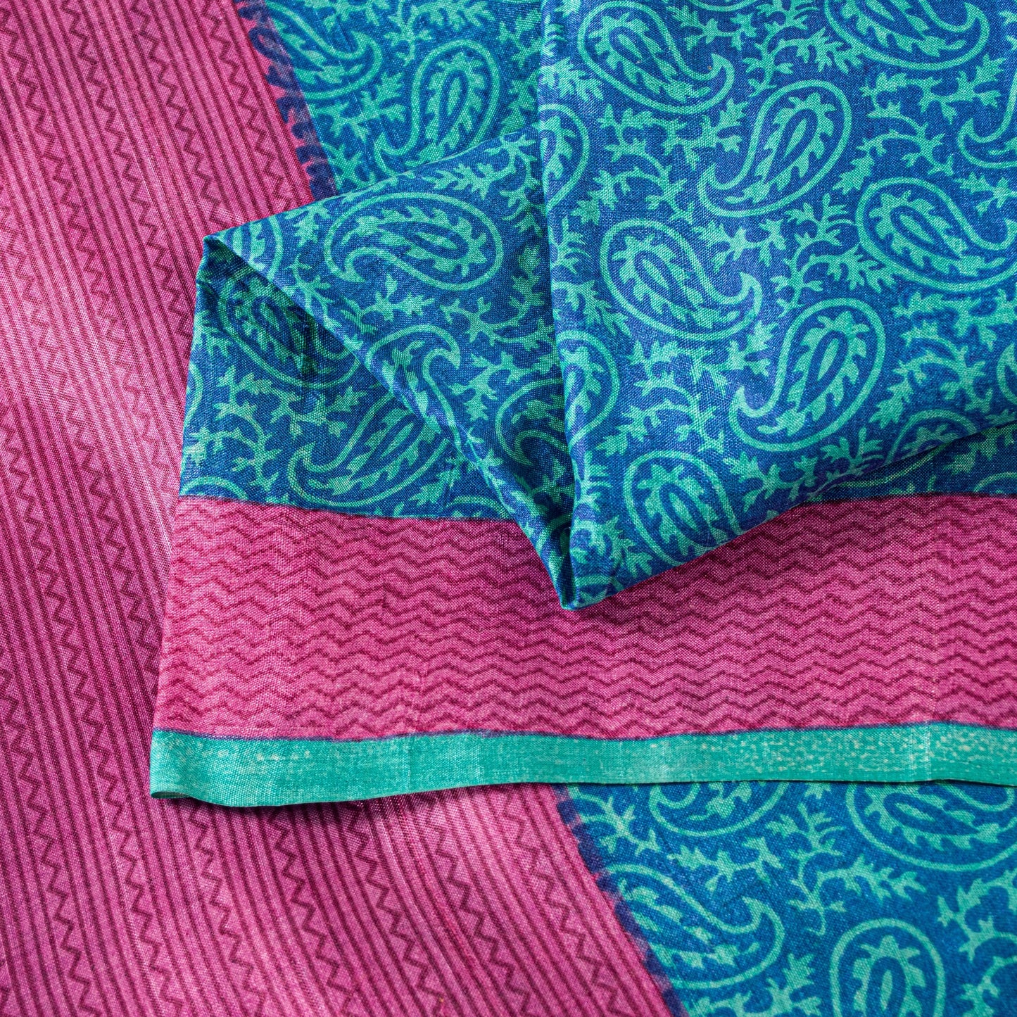 Sanskriti Vintage Sari Blue-Pink Pure Bamboo Silk Saree Hand Block 5.5+Y Paisley