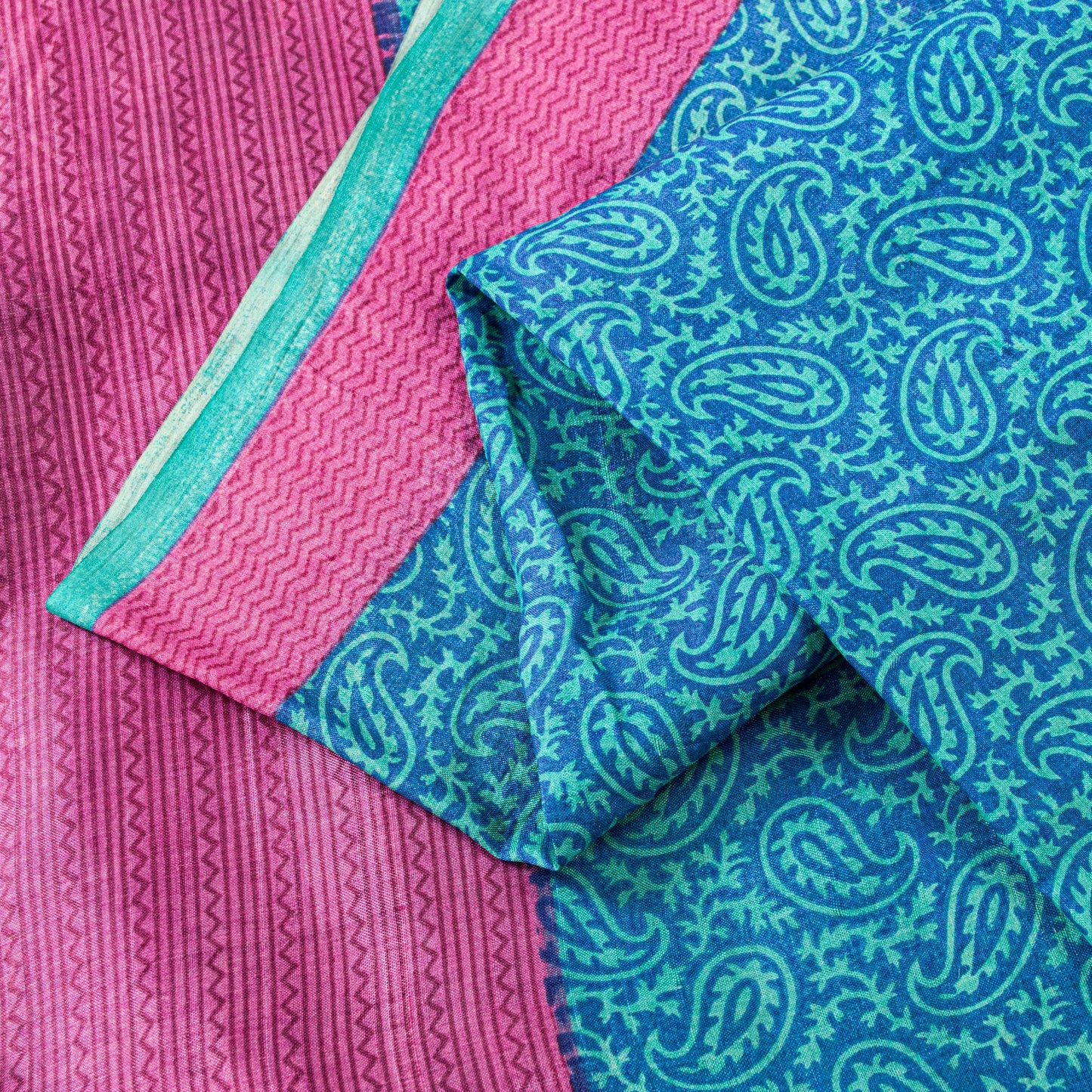 Sanskriti Vintage Sari Blue-Pink Pure Bamboo Silk Saree Hand Block 5.5+Y Paisley