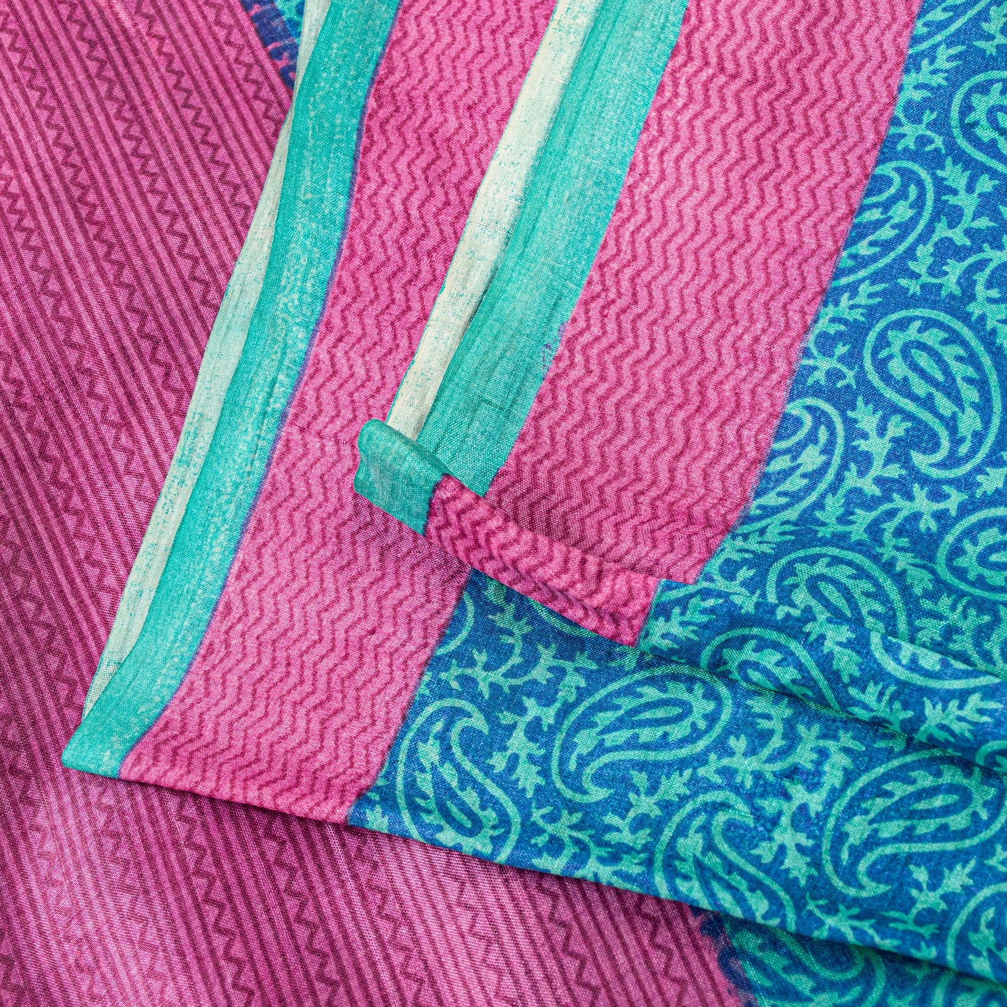 Sanskriti Vintage Sari Blue-Pink Pure Bamboo Silk Saree Hand Block 5.5+Y Paisley