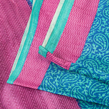Sanskriti Vintage Sari Blue-Pink Pure Bamboo Silk Saree Hand Block 5.5+Y Paisley