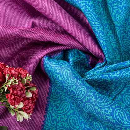 Sanskriti Vintage Sari Blue-Pink Pure Bamboo Silk Saree Hand Block 5.5+Y Paisley