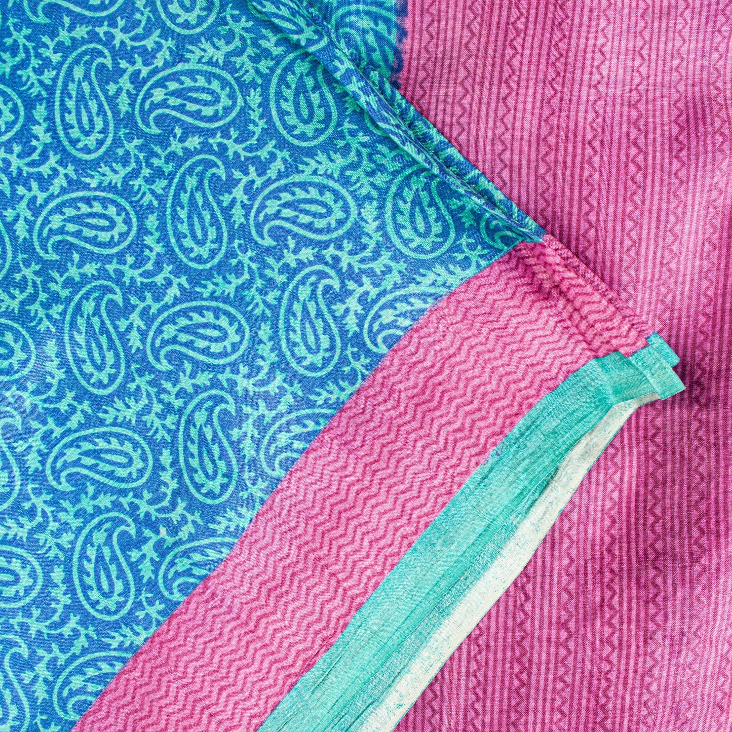 Sanskriti Vintage Sari Blue-Pink Pure Bamboo Silk Saree Hand Block 5.5+Y Paisley