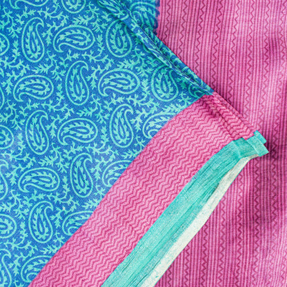 Sanskriti Vintage Sari Blue-Pink Pure Bamboo Silk Saree Hand Block 5.5+Y Paisley