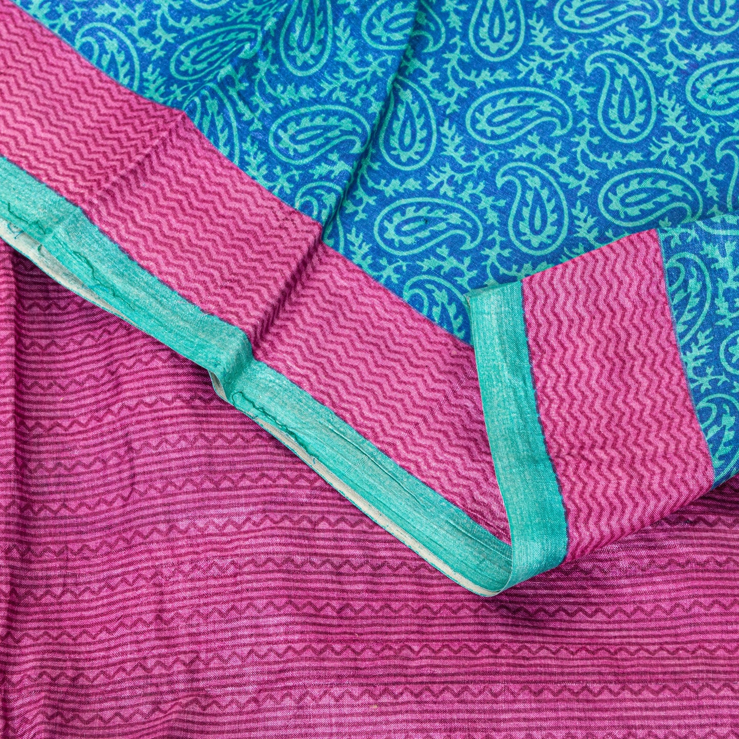 Sanskriti Vintage Sari Blue-Pink Pure Bamboo Silk Saree Hand Block 5.5+Y Paisley