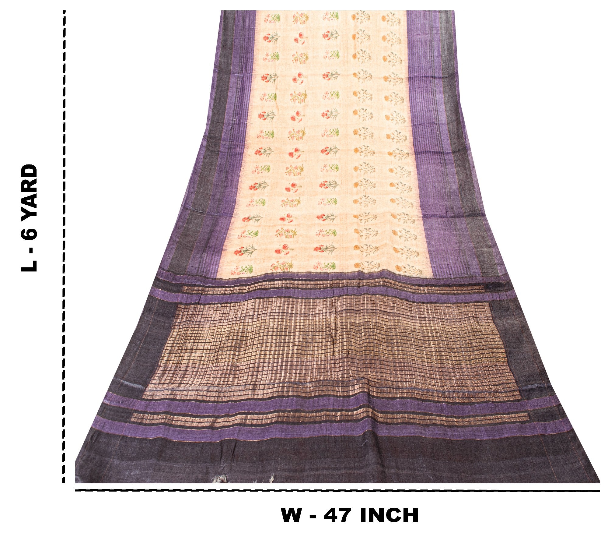 Sanskriti Vintage Sari Ivory-Purple Pure Bamboo Saree Zari Woven Hand Block 6 YD