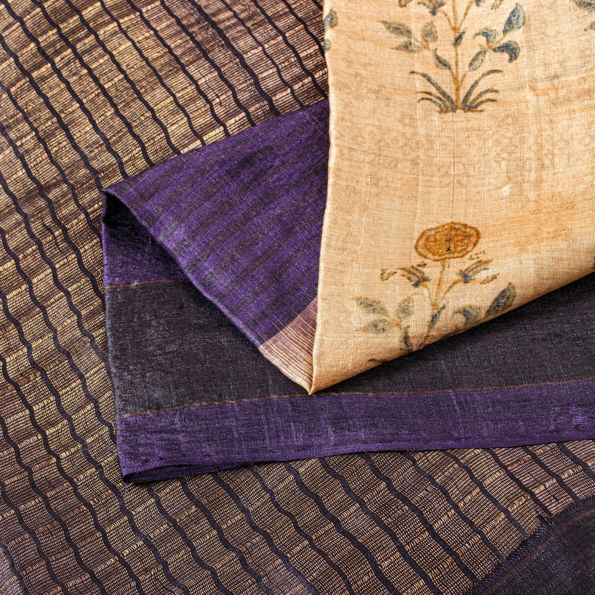 Sanskriti Vintage Sari Ivory-Purple Pure Bamboo Saree Zari Woven Hand Block 6 YD