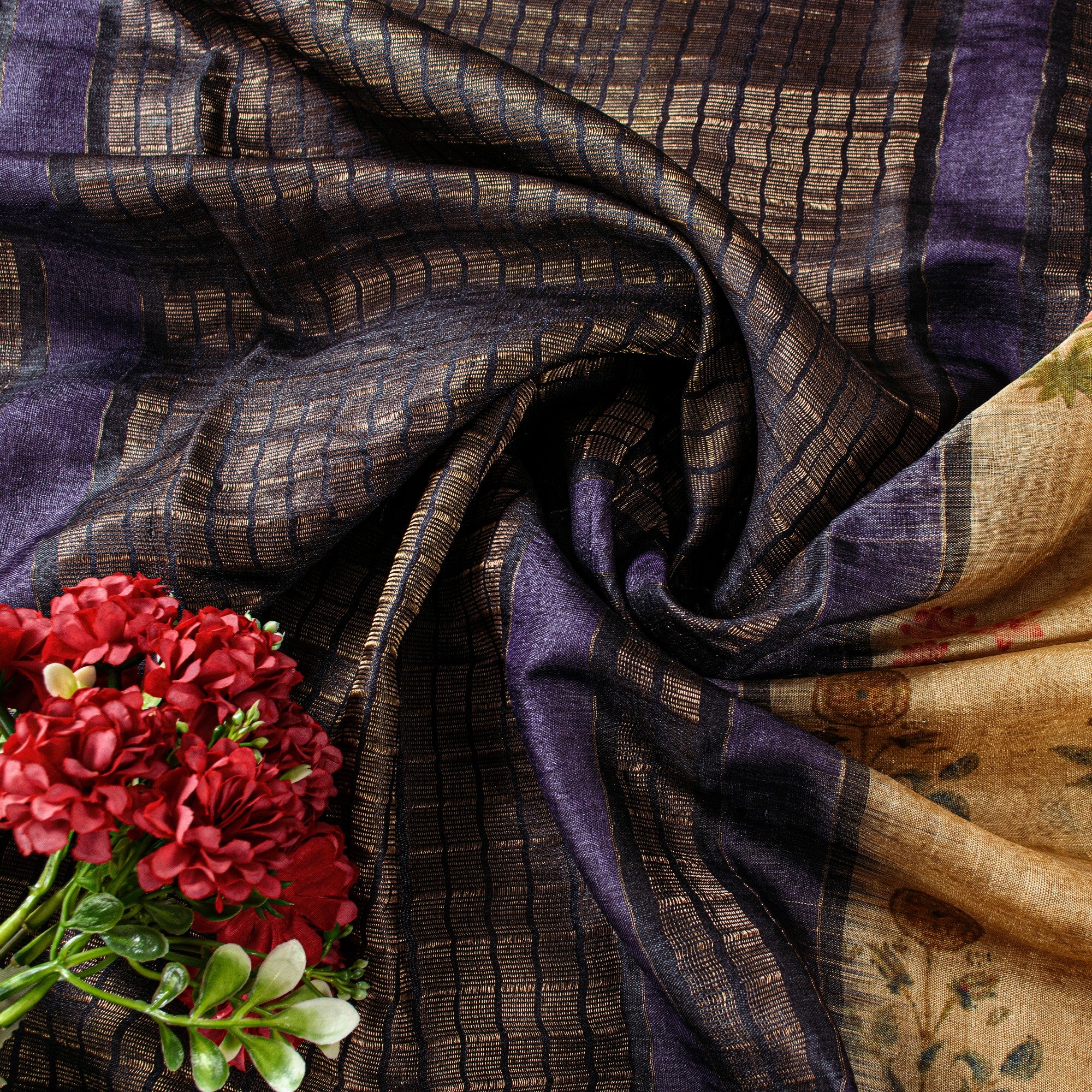 Sanskriti Vintage Sari Ivory-Purple Pure Bamboo Saree Zari Woven Hand Block 6 YD