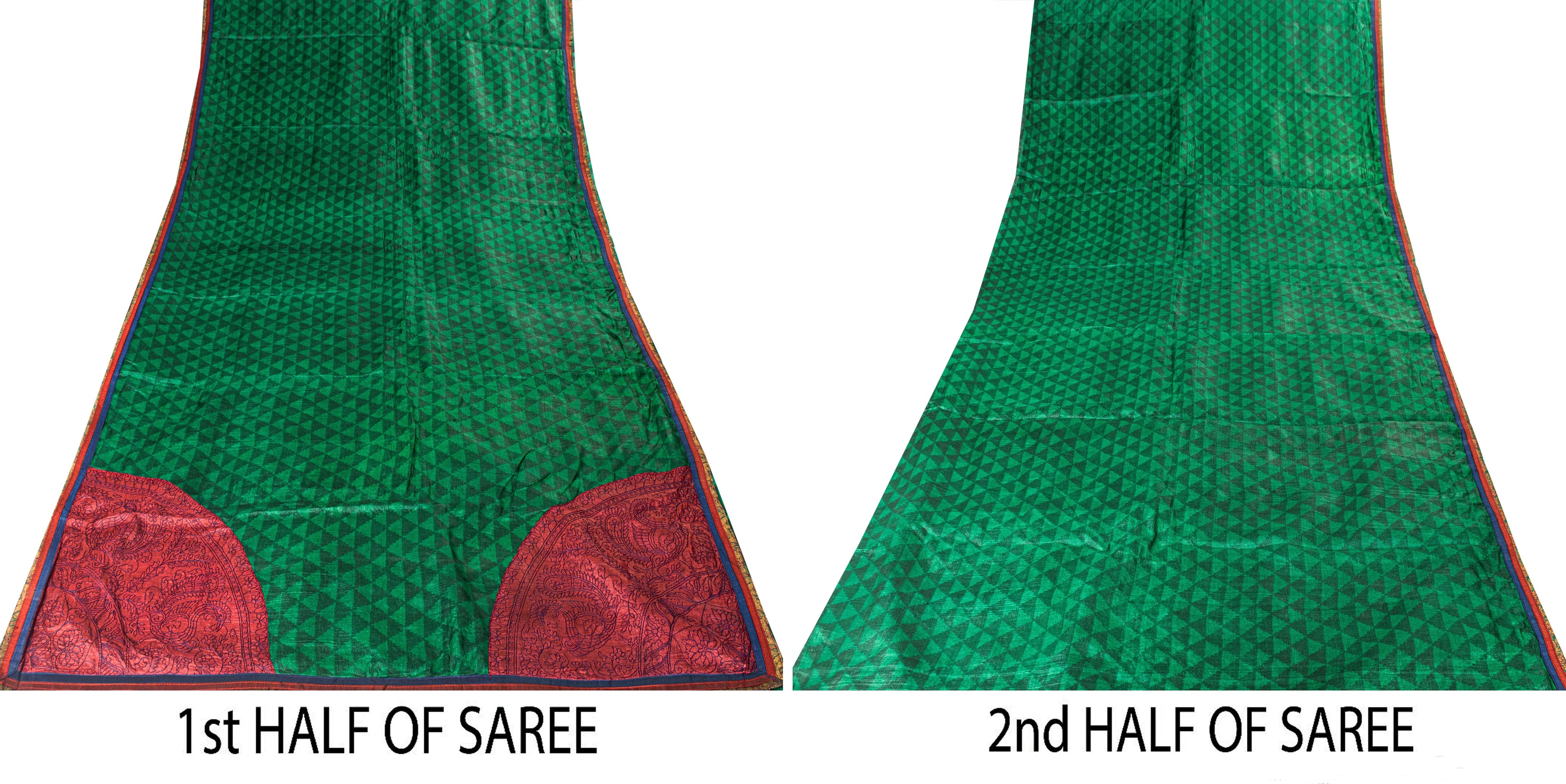 Sanskriti Vintage Sari Green Pure Bamboo Saree Embroidery Hand Block 5+YD Fabric