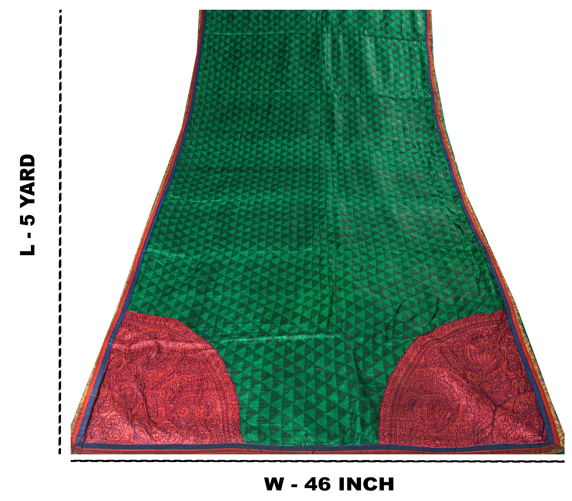 Sanskriti Vintage Sari Green Pure Bamboo Saree Embroidery Hand Block 5+YD Fabric