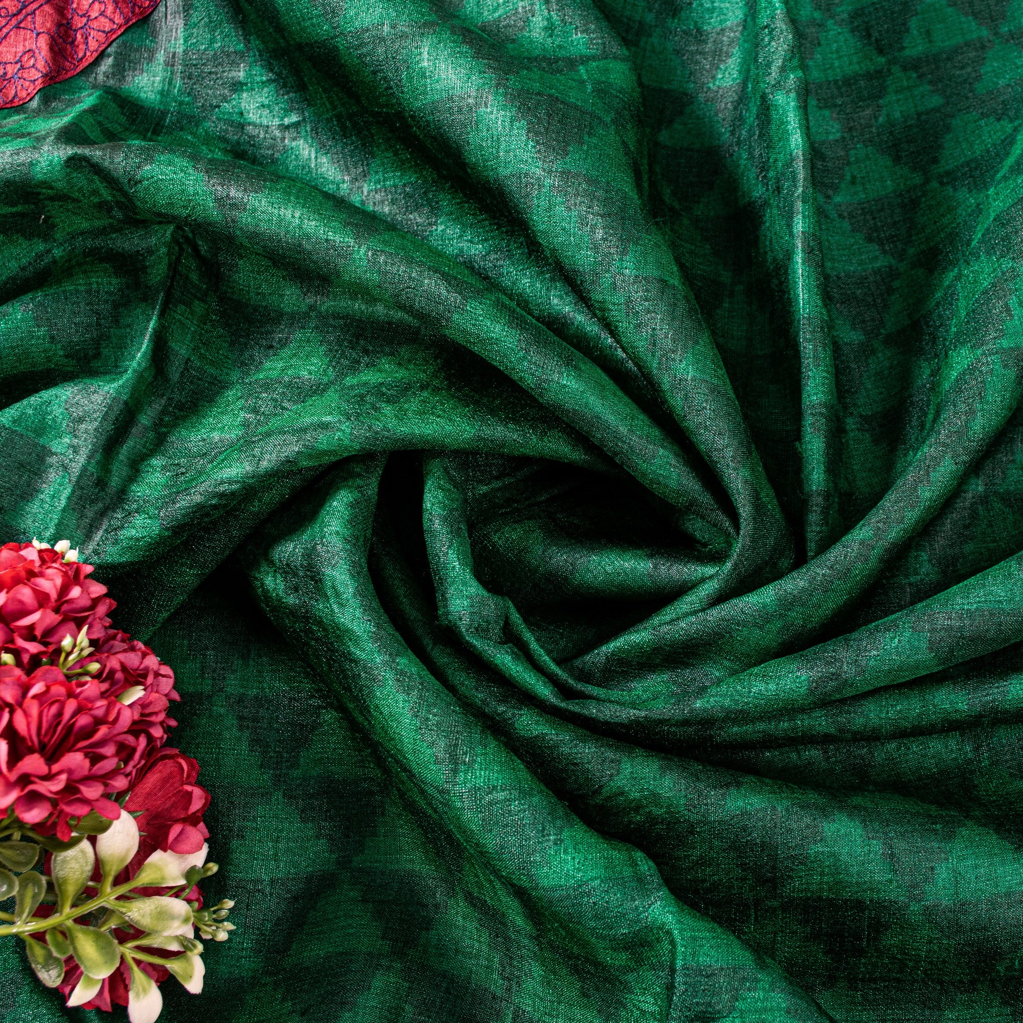 Sanskriti Vintage Sari Green Pure Bamboo Saree Embroidery Hand Block 5+YD Fabric