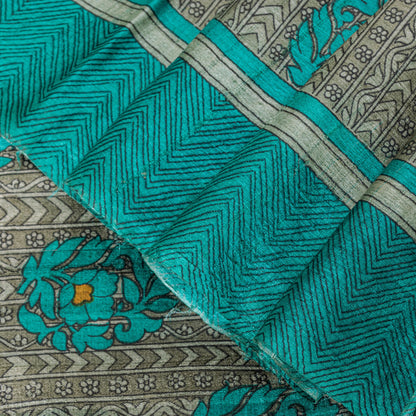 Sanskriti Vintage Saree Gray-Green 100% Pure Bamboo Saree Handblock Kalamkari 6+Yd Fabric Uses-Table linen, Cushions, Curtains, Dressing
