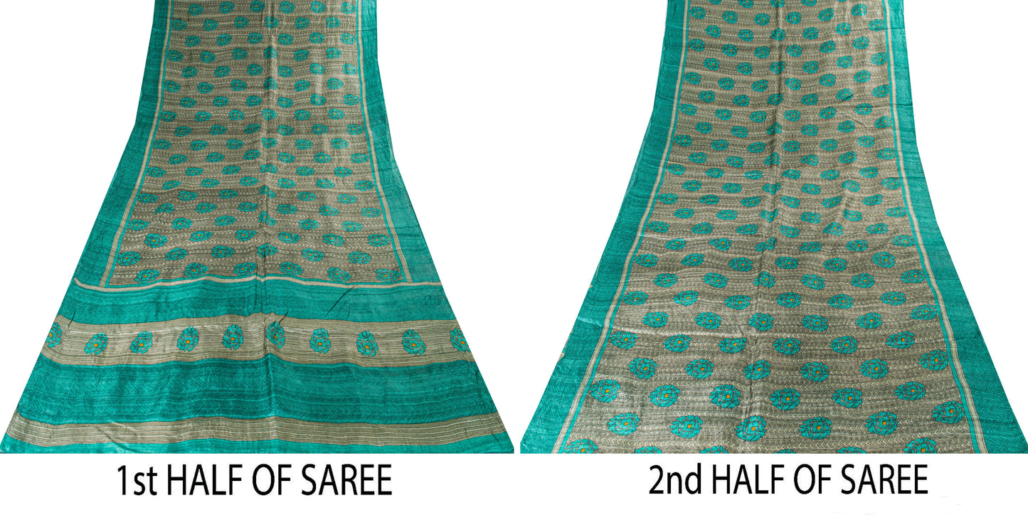Sanskriti Vintage Gray-Green Pure Bamboo Saree HandBlock Kalamkari 6+YD Fabric